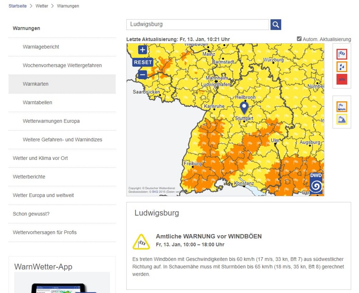 Unwetterwarnung auf der Seite des DWD