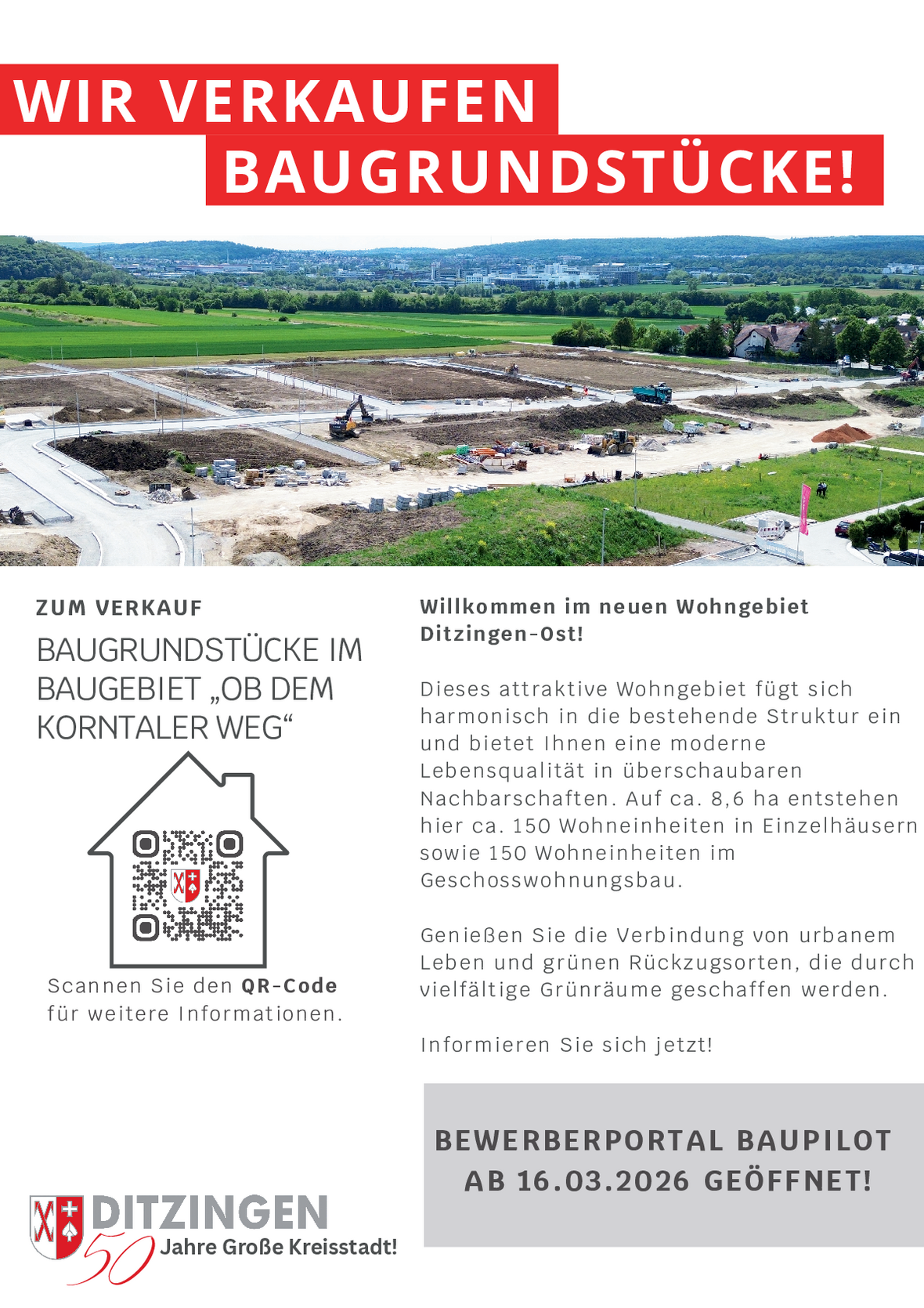 Flyer mit Hinweis zum Verkauf von Baugrundstücken im Baugebiet "Ob dem Korntaler Weg" in Ditzingen. 
